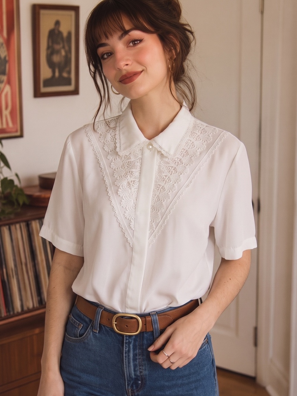 VINTAGE KATHY CHE Beaded Lace Accent Collared Blouse